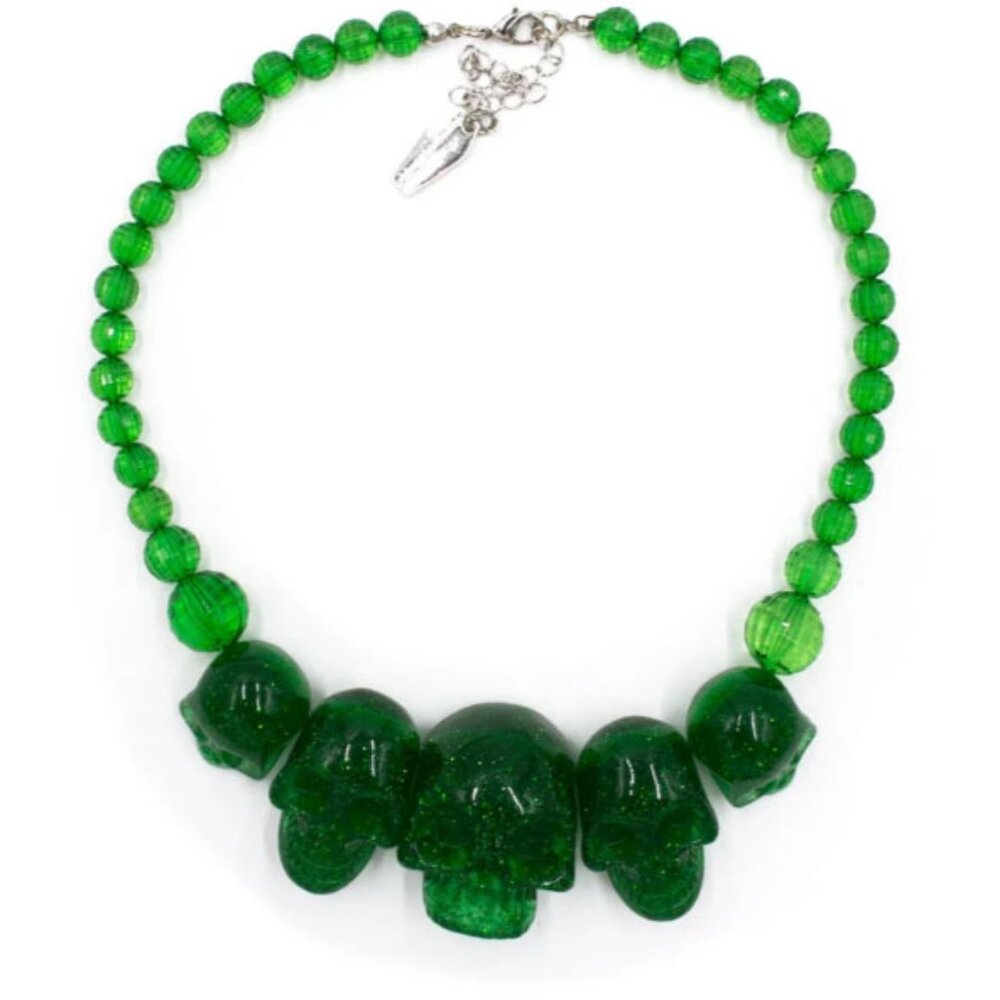 Chunky Skull Collection Punk Necklace in Green Glitter Resin NWT